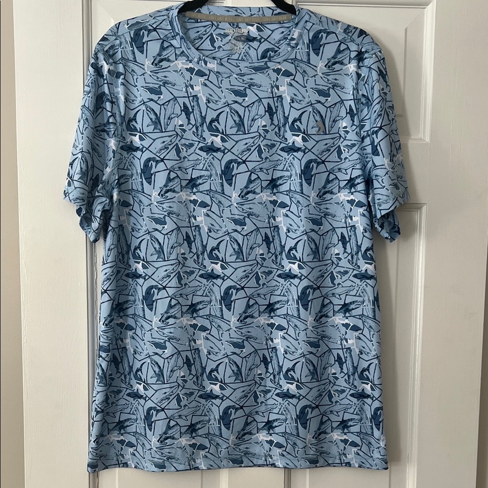 Reel Legends Light Blue Shark Print Reel Tech Performance Tee, Size M